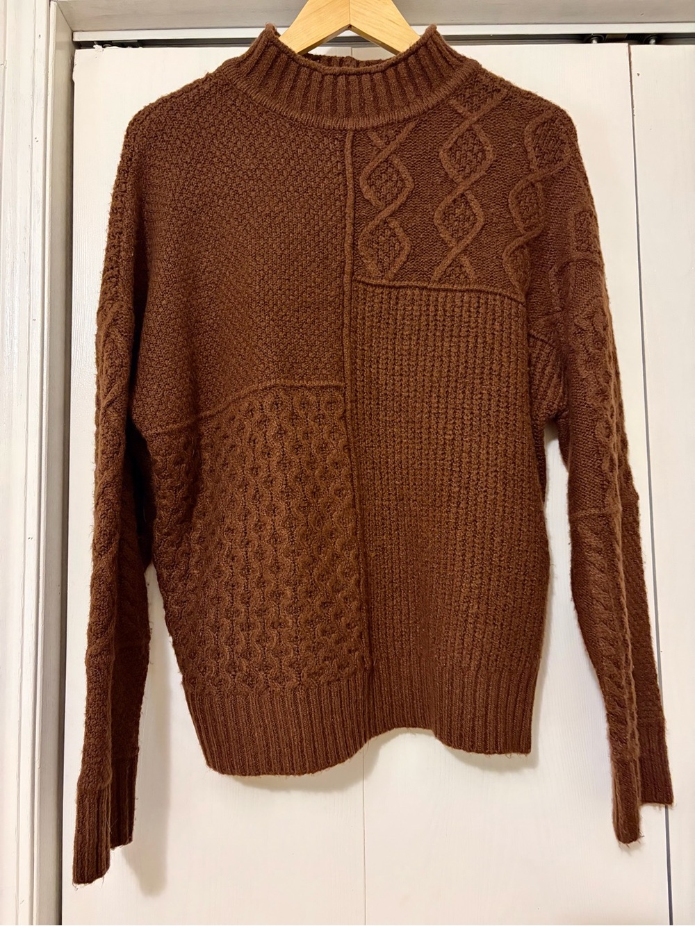 American Eagle Outfitters Brown Patchwork Cable Turtleneck Sweater